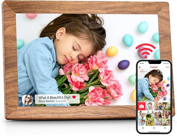 Frameo 10.1 Inch WiFi Digital Photo Frame with 32GB Memory, Wooden Digital Picture Frame, HD IPS Touchscreen, Auto-Rotate, Instant Photo & Video Sharing via Frameo App